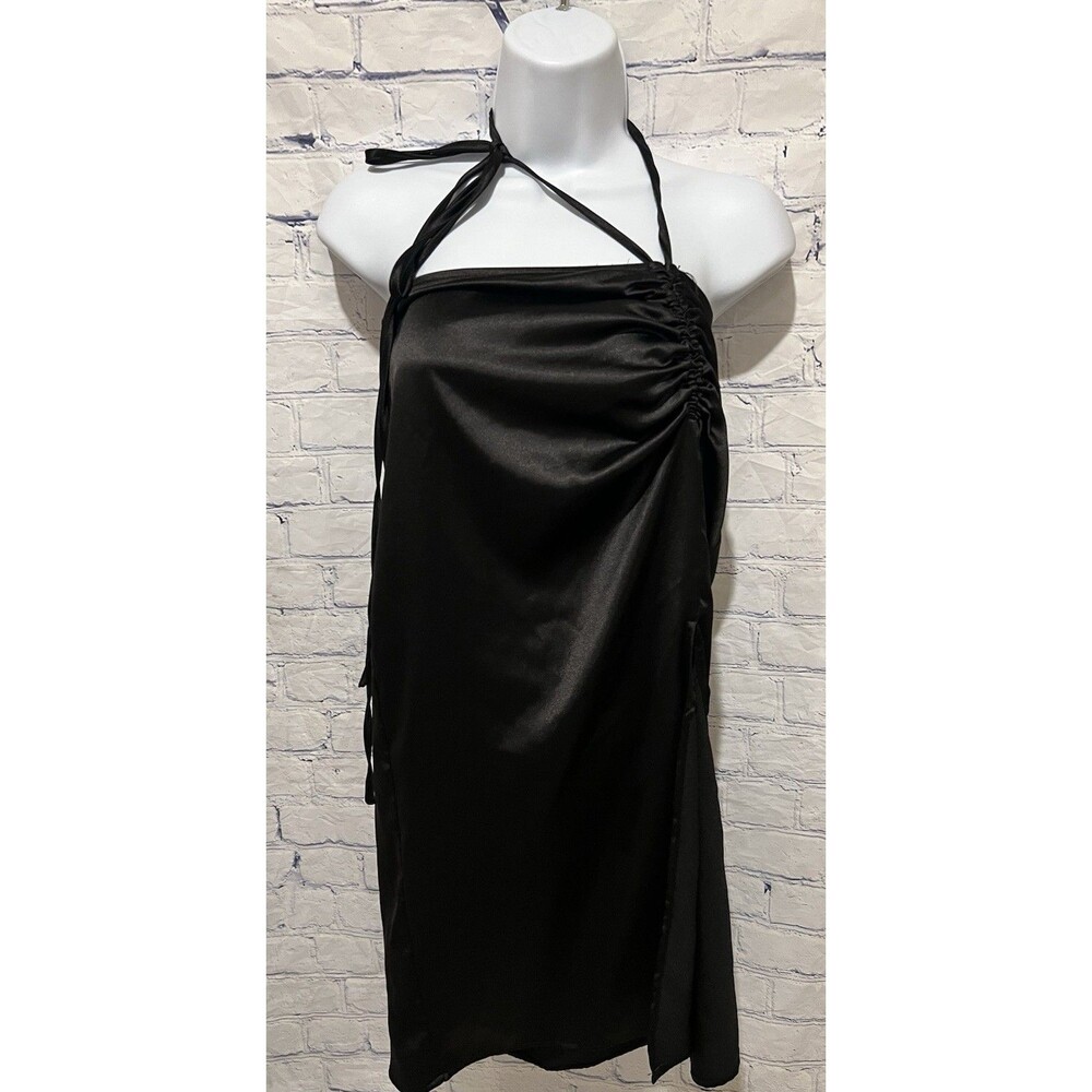 NWT Forever 21 black satin mini Bodycon dress With Front Slit Size Small